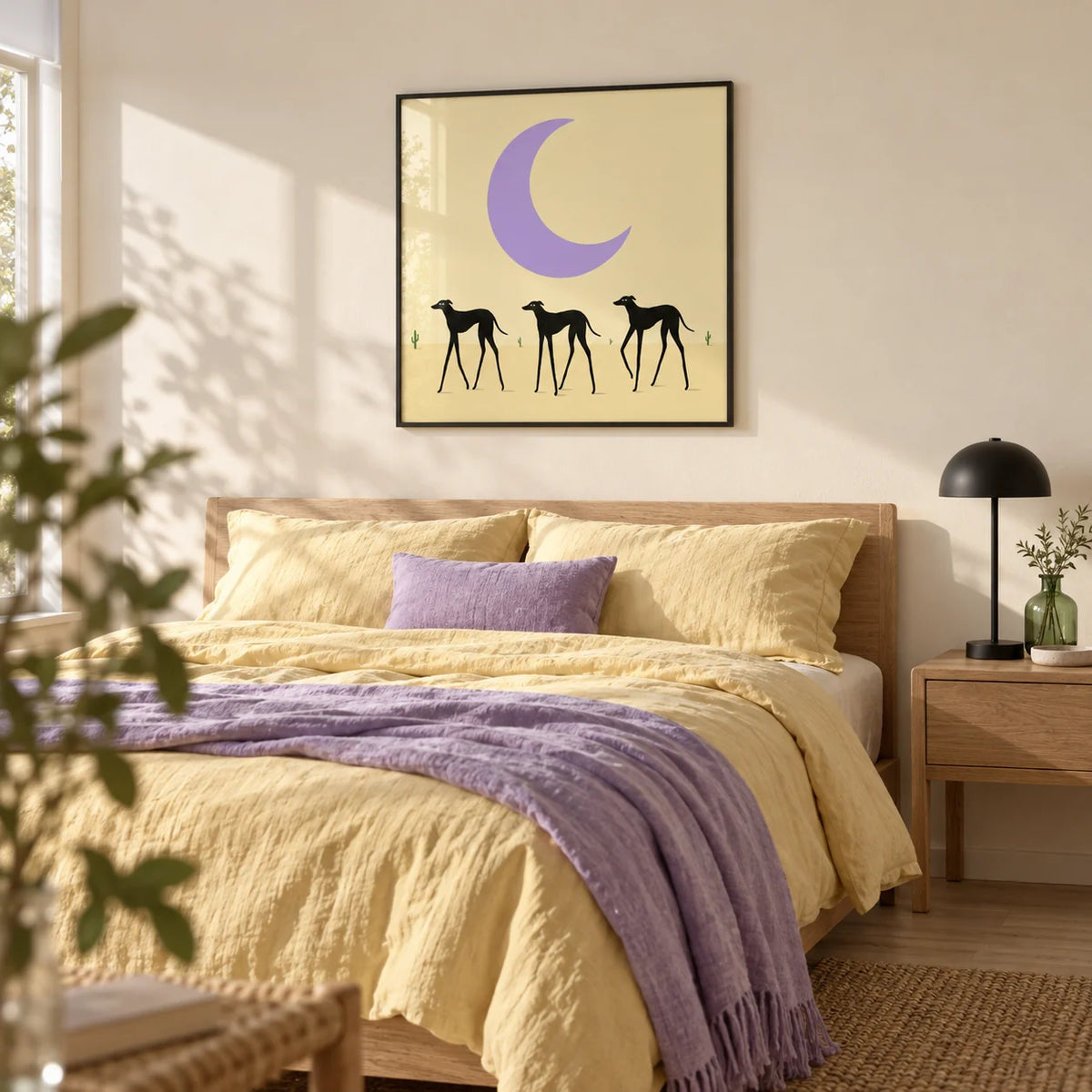 Black Dog Art Print, framed on the wall of a calm contemporary bedroom with a soft cream wall and pale timber floor