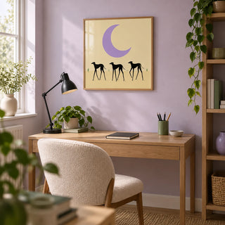 Black Dog Art Print, framed on the wall of a compact home study in a modern UK flat with a pale lavender wall
