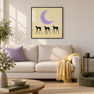 Black Dog Art Print, framed on the wall of a contemporary living room in a UK city flat with warm white walls and a pale oak floor