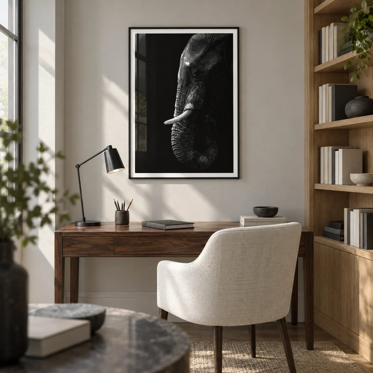 Black Elephant Wall Art, framed on the wall of a quiet home study with a pale grey wall and built-in oak shelves