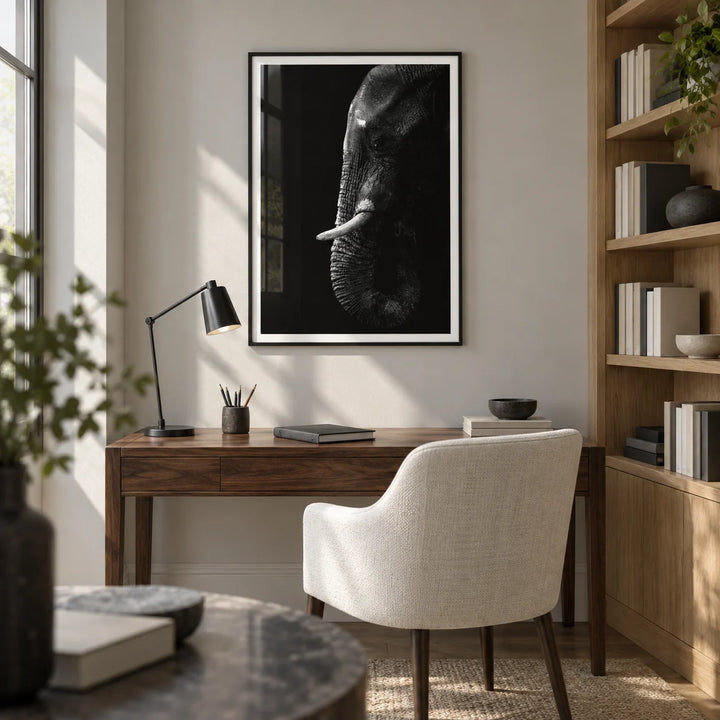 Black Elephant Wall Art, framed on the wall of a quiet home study with a pale grey wall and built-in oak shelves