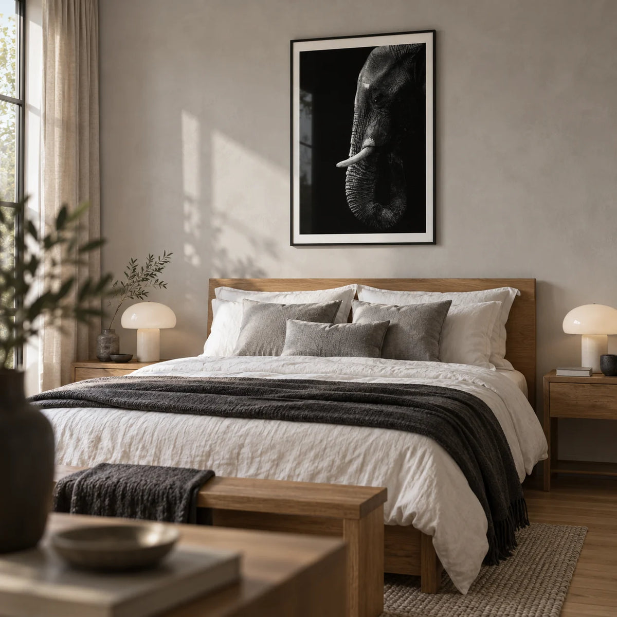 Black Elephant Wall Art, framed on the wall of a restful adult bedroom with a pale grey plaster wall and warm oak floor
