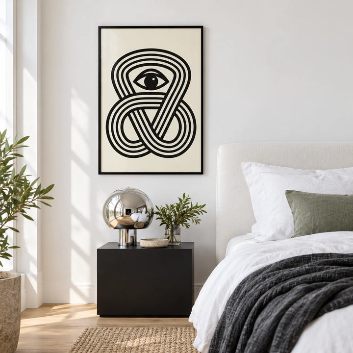Black Eye Poster, framed on the wall of a calm contemporary bedroom