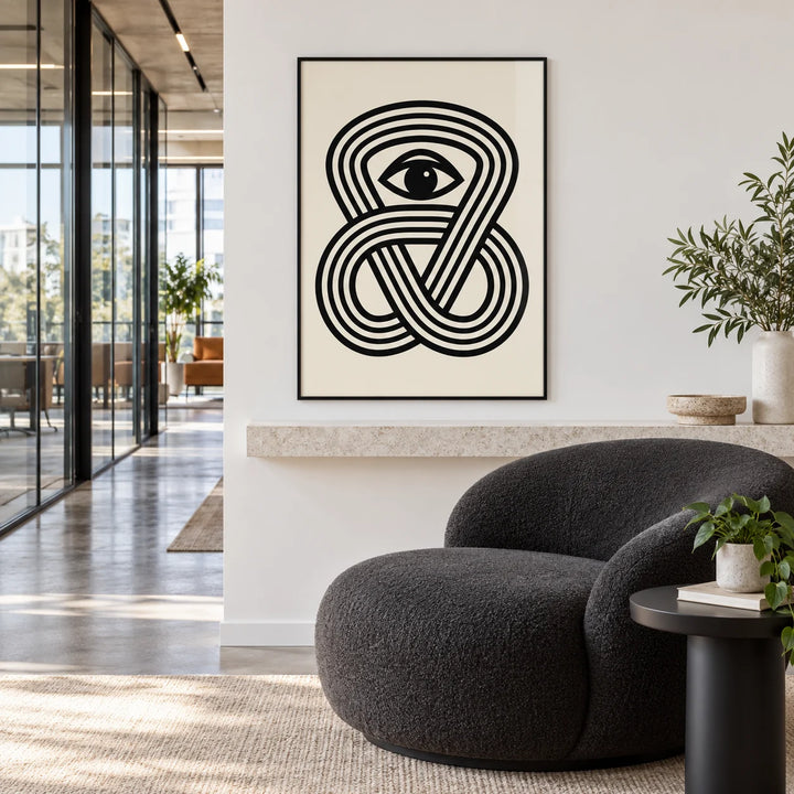 Black Eye Poster, framed on the wall of a gallery-style office lounge