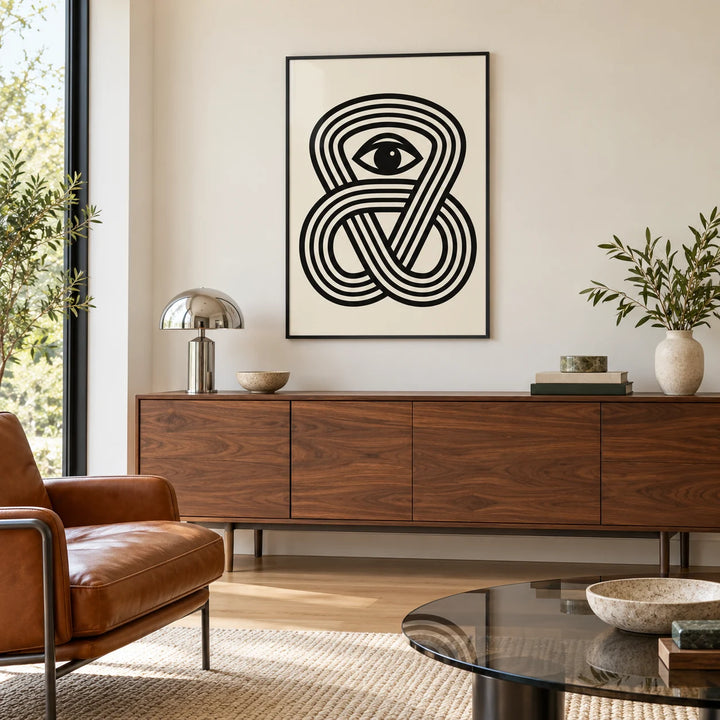 Black Eye Poster, framed on the wall of a living room with a walnut sideboard and leather armchair