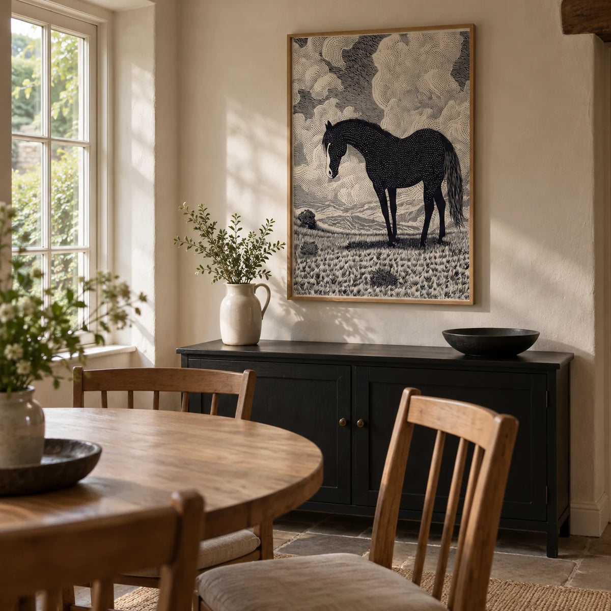Black Horse Art Print, framed on the wall of a compact contemporary dining room in a UK cottage with cream plaster walls and a garden-facing window