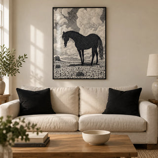 Black Horse Art Print, framed on the wall of a contemporary living room in a UK terraced house with warm white walls and oak floorboards