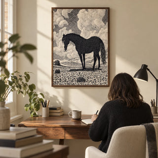 Black Horse Art Print, framed on the wall of a quiet home study in a UK flat with a warm cream wall and a walnut desk