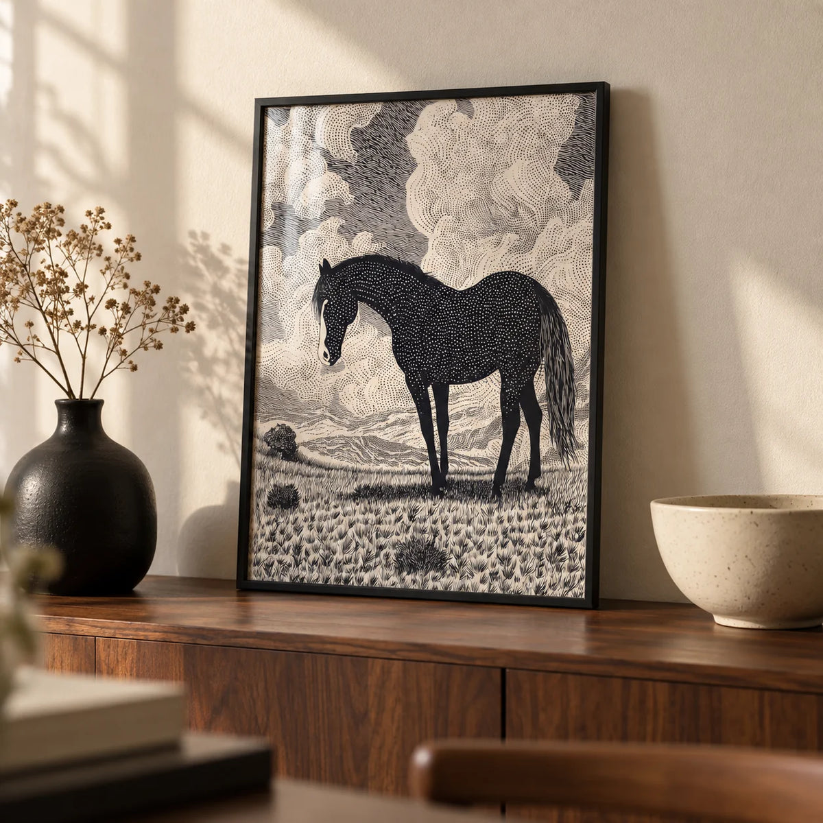Black Horse Art Print, a small A4 framed print leaning on a walnut sideboard in a living room