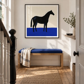 Black Horse Wall Art, framed on the wall of a bright hallway in a renovated UK terrace with chalk white walls and natural timber floorboards