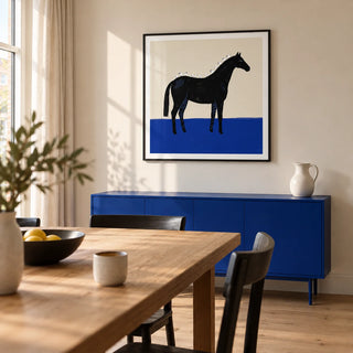 Black Horse Wall Art, framed on the wall of a modern dining room in a UK maisonette with a warm white wall