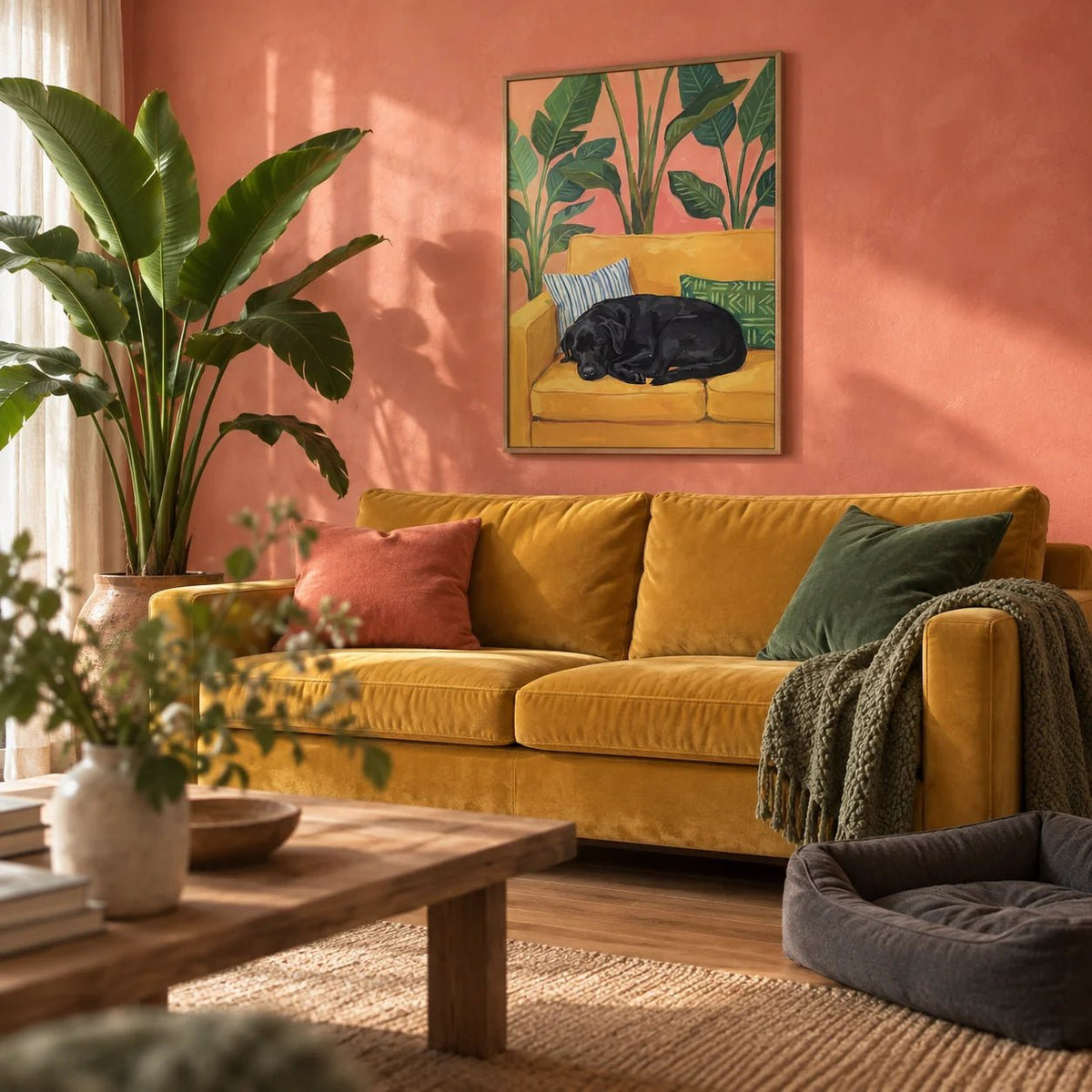 Black Lab Wall Art, framed on the wall of a cosy family living room with a soft coral pink limewashed wall