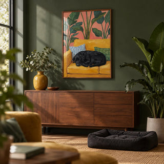 Black Lab Wall Art, framed on the wall of a cosy snug with a deep green painted wall in a living room
