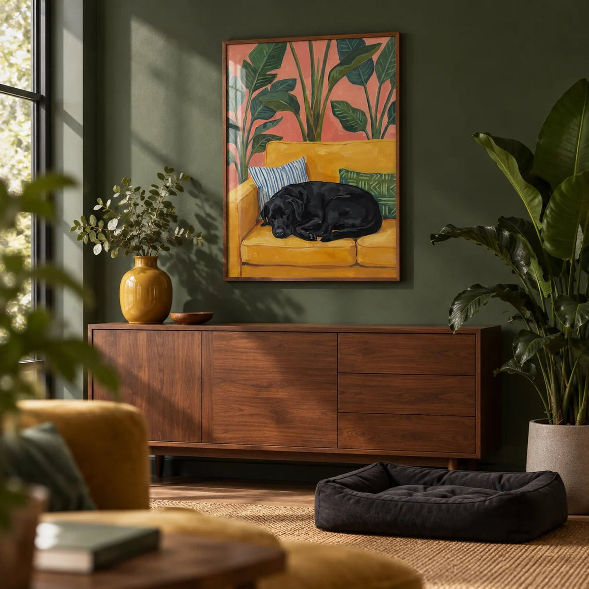 Black Lab Wall Art, framed on the wall of a cosy snug with a deep green painted wall in a living room