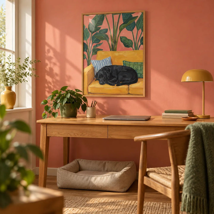 Black Lab Wall Art, framed on the wall of a home office with a soft coral pink painted wall
