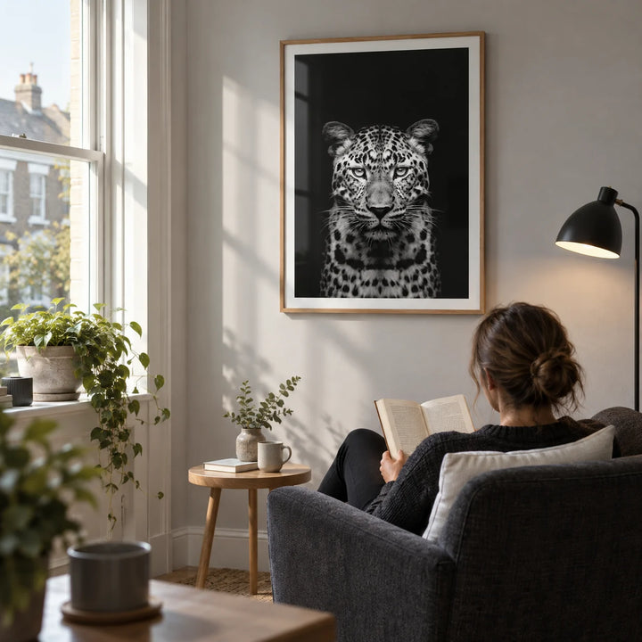 Black Leopard Art Print, framed on the wall of a light-filled reading corner beside a sash window in a UK first flat for an adult aged 25-35 in a living room