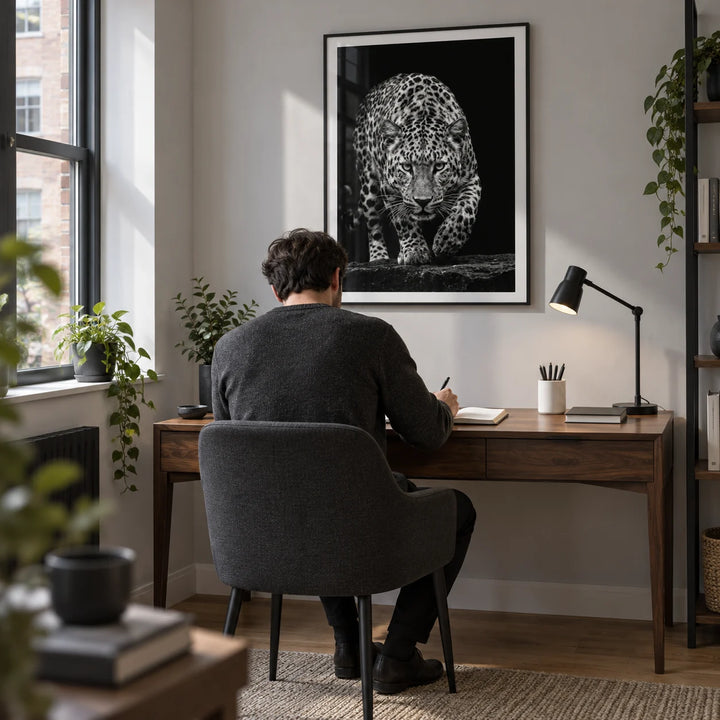 Black Leopard Wall Art, framed on the wall of a compact home study in a UK flat with a light grey wall and oak floor