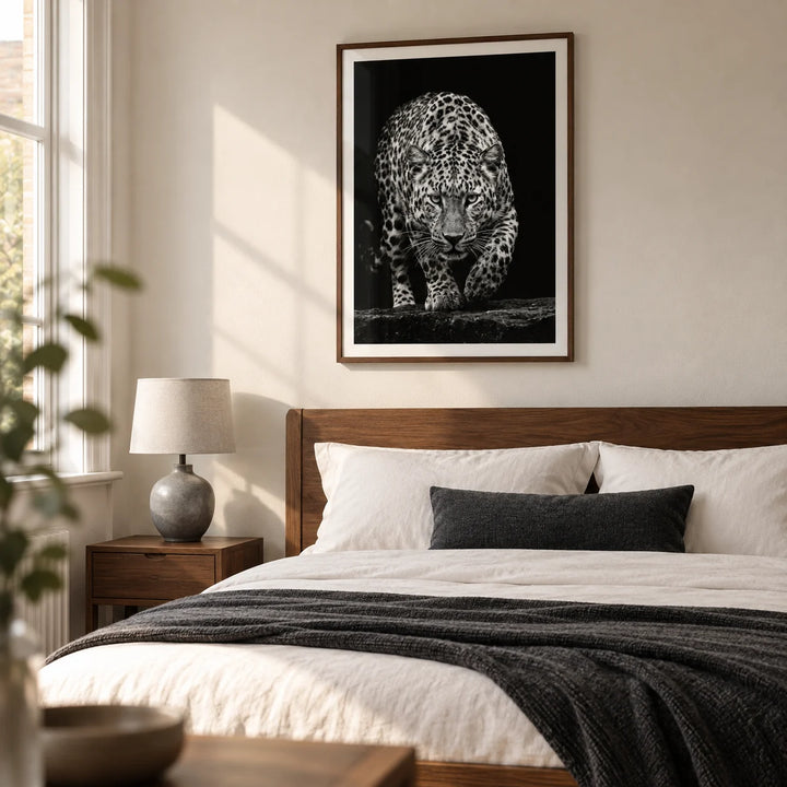 Black Leopard Wall Art, framed on the wall of a quietly dramatic bedroom in a renovated UK terrace with a warm white wall