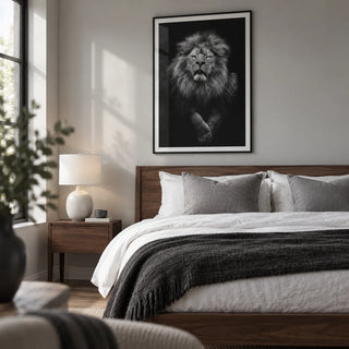 Black Lion Art Print, framed on the wall of a calm contemporary main bedroom with a pale grey wall