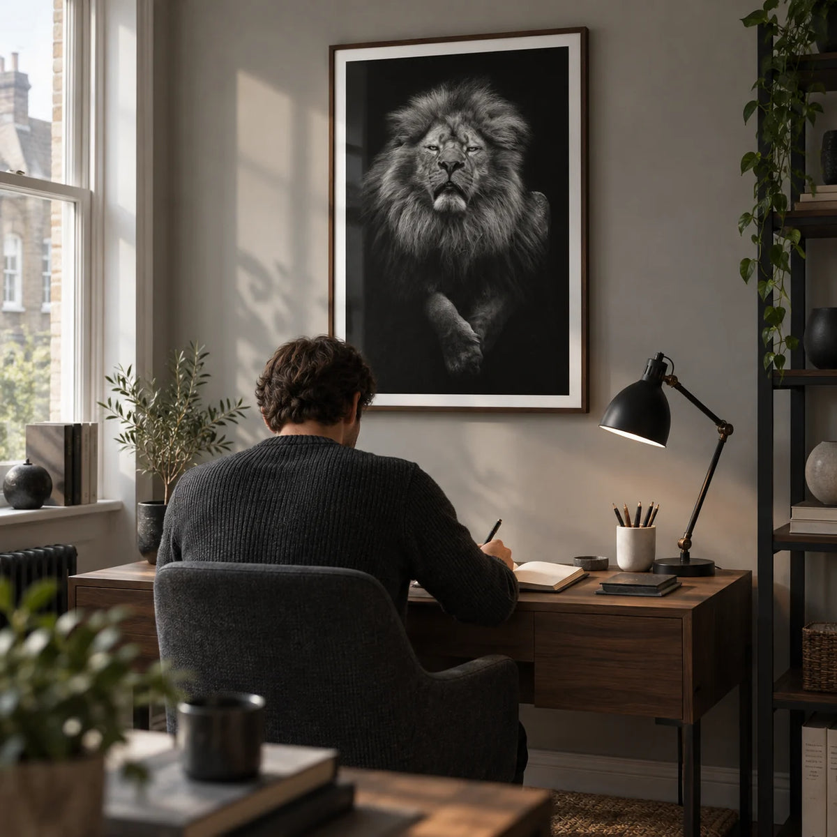 Black Lion Art Print, framed on the wall of a quiet home study in a UK terraced house with a soft grey wall