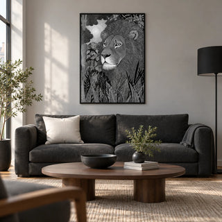 Black Lion Wall Art, framed on the wall of a modern living room in a UK city flat with a soft grey wall and warm oak floor