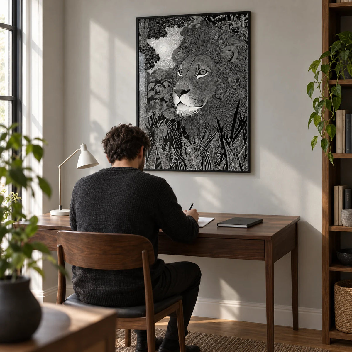 Black Lion Wall Art, framed on the wall of a quiet home study with a pale grey wall and oak floor