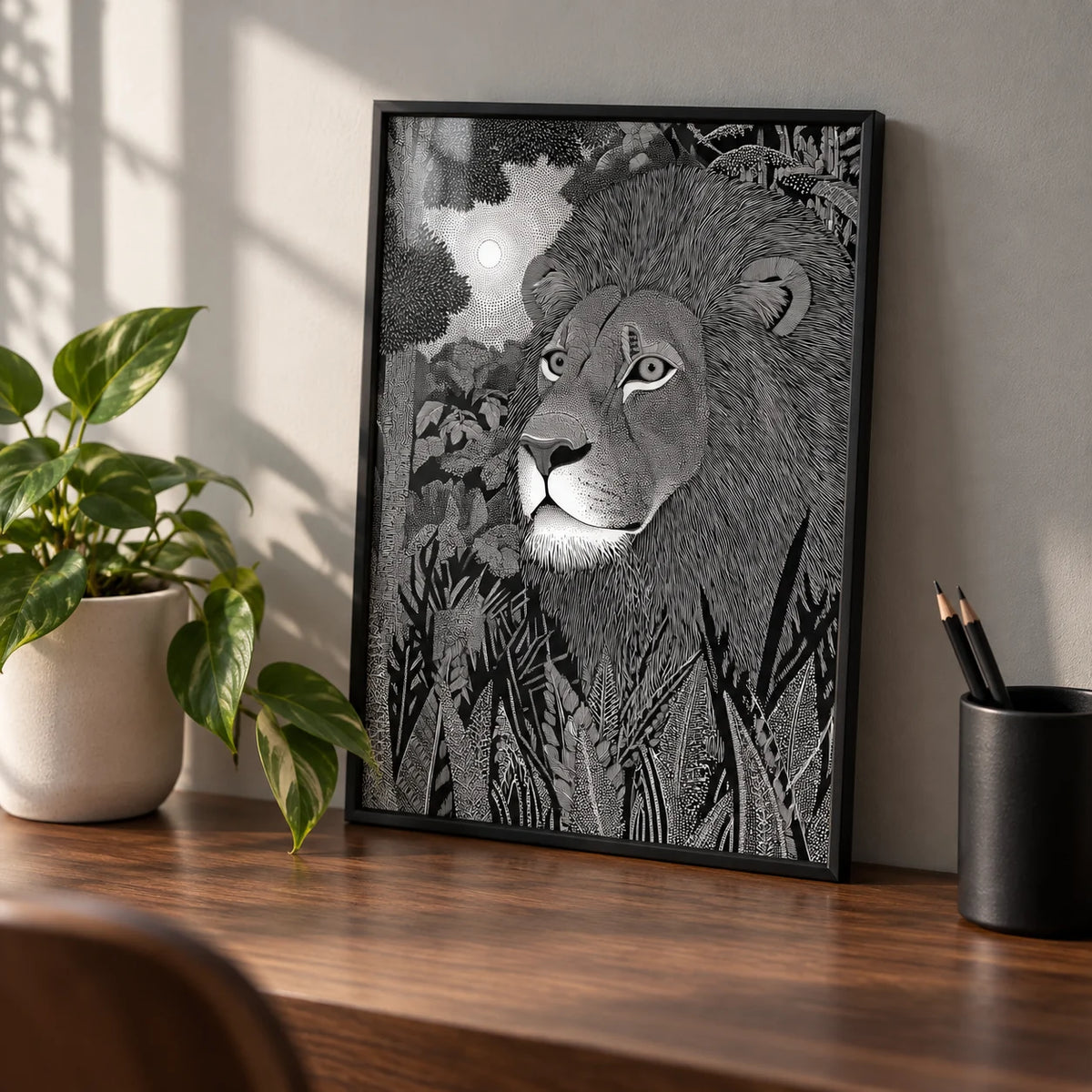 Black Lion Wall Art, a small A4 framed print leaning on a walnut desk