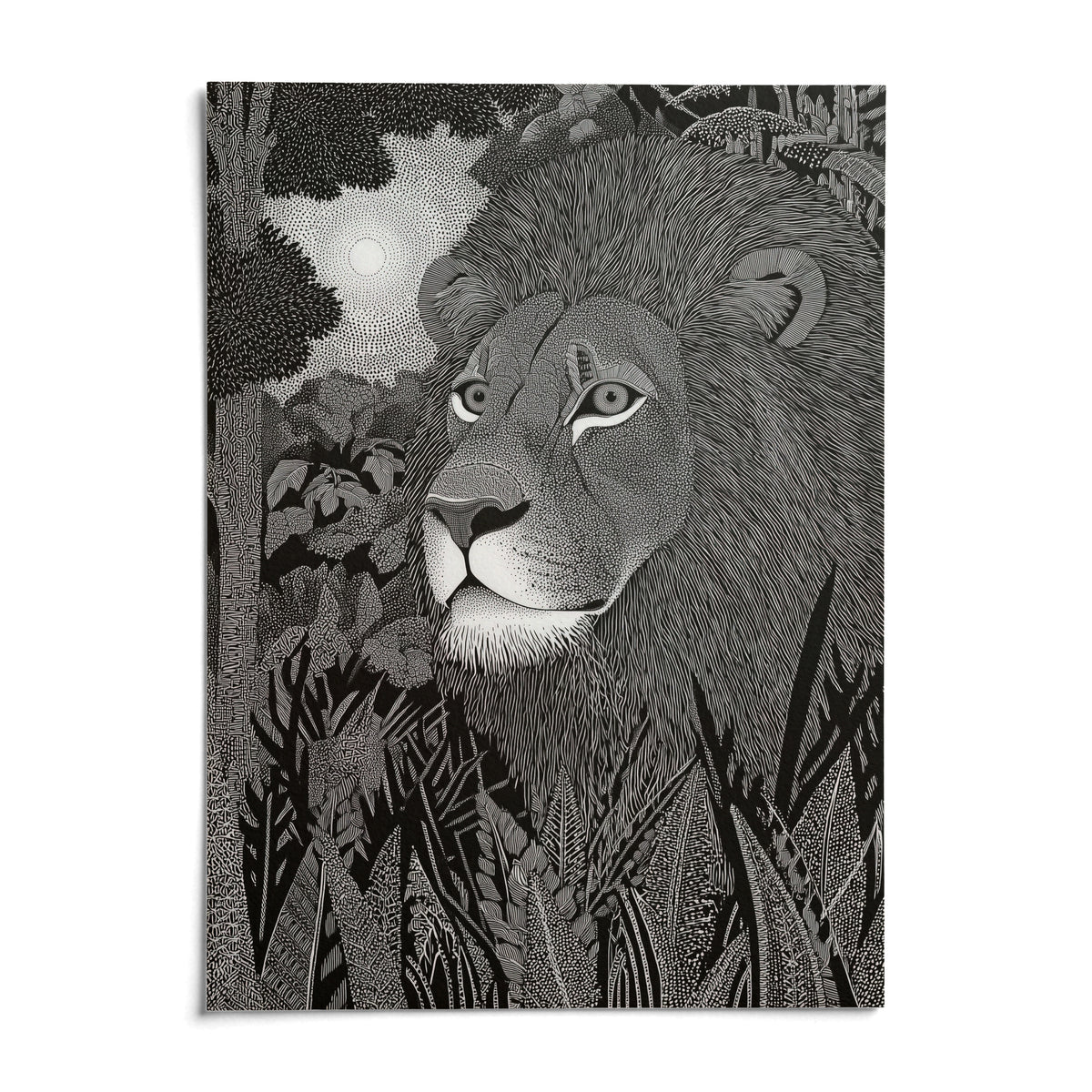 Black Lion Wall Art, shown as an unframed paper print on a plain white background