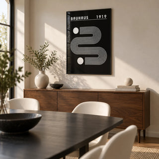 Black Minimalist Art, framed on the wall of a modern dining room