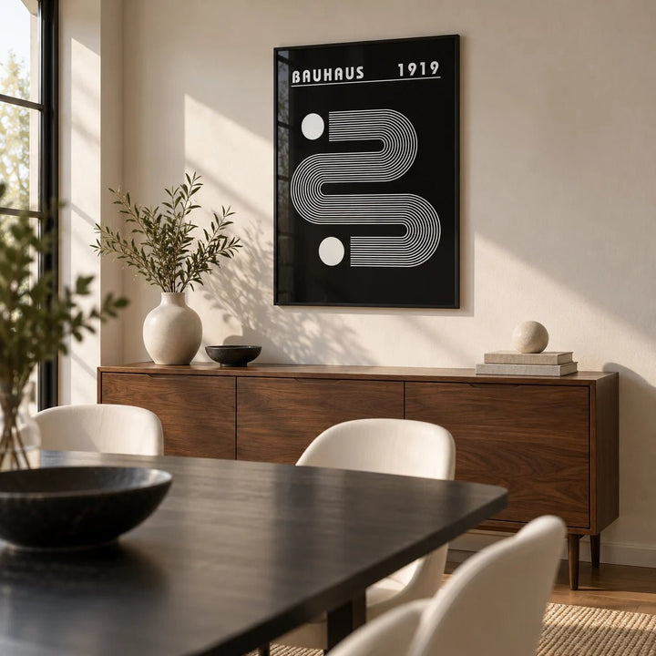 Black Minimalist Art, framed on the wall of a modern dining room