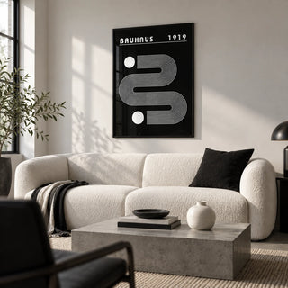 Black Minimalist Art, framed on the wall of a modern monochrome city flat living room