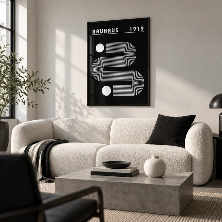 Black Minimalist Art, framed on the wall of a modern monochrome city flat living room
