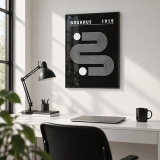 Black Minimalist Art, framed on the wall of a monochrome home office