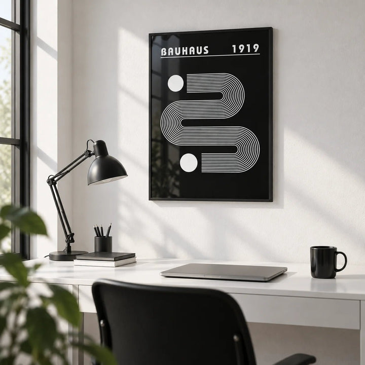 Black Minimalist Art, framed on the wall of a monochrome home office