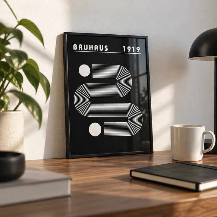 Black Minimalist Art, a small A4 framed print leaning on a walnut desk
