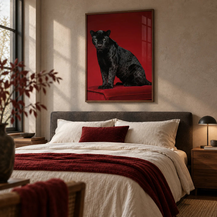 Black Panther Art Print, framed on the wall of a contemporary adult bedroom with a soft stone wall and walnut bedside furniture