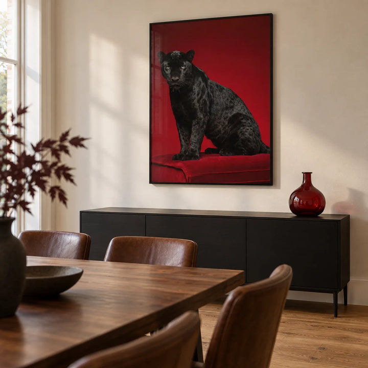 Black Panther Art Print, framed on the wall of a modern dining room in a UK townhouse with a warm white wall and plain oak floor