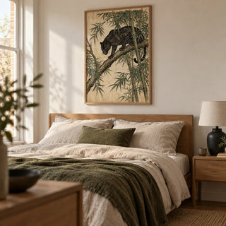 Black Panther Wall Art, framed on the wall of a calm bedroom in a renovated terrace with a warm off-white wall and simple oak furniture