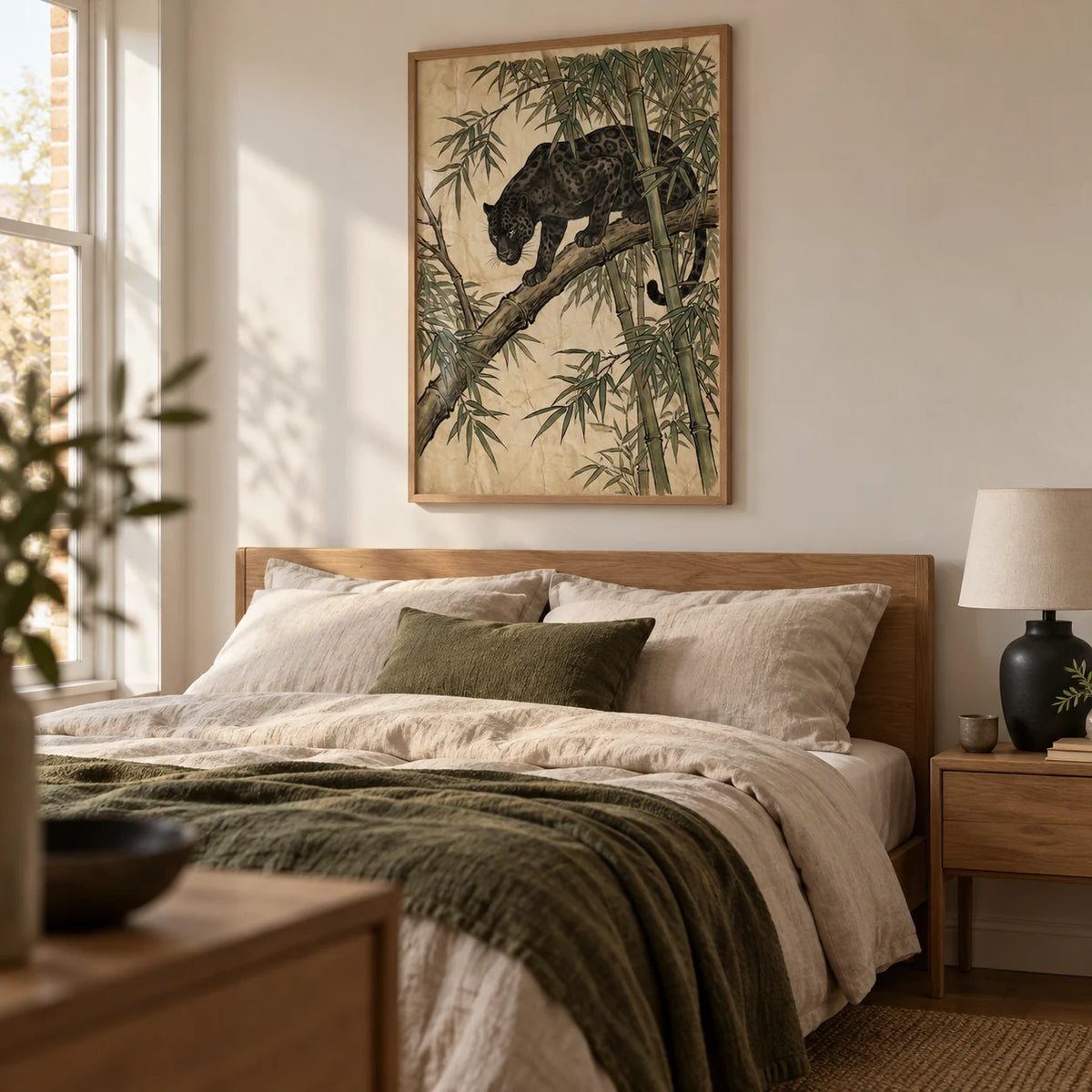 Black Panther Wall Art, framed on the wall of a calm bedroom in a renovated terrace with a warm off-white wall and simple oak furniture