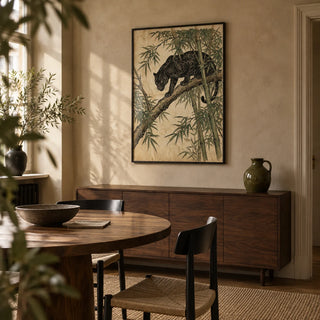 Black Panther Wall Art, framed on the wall of a compact dining room in a characterful city flat with muted clay-beige walls