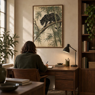 Black Panther Wall Art, framed on the wall of a quiet home study with a pale parchment-coloured wall and a fitted walnut bookcase to one side