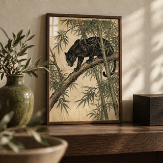Black Panther Wall Art, a small A4 framed print leaning on a dark oak shelf in a living room