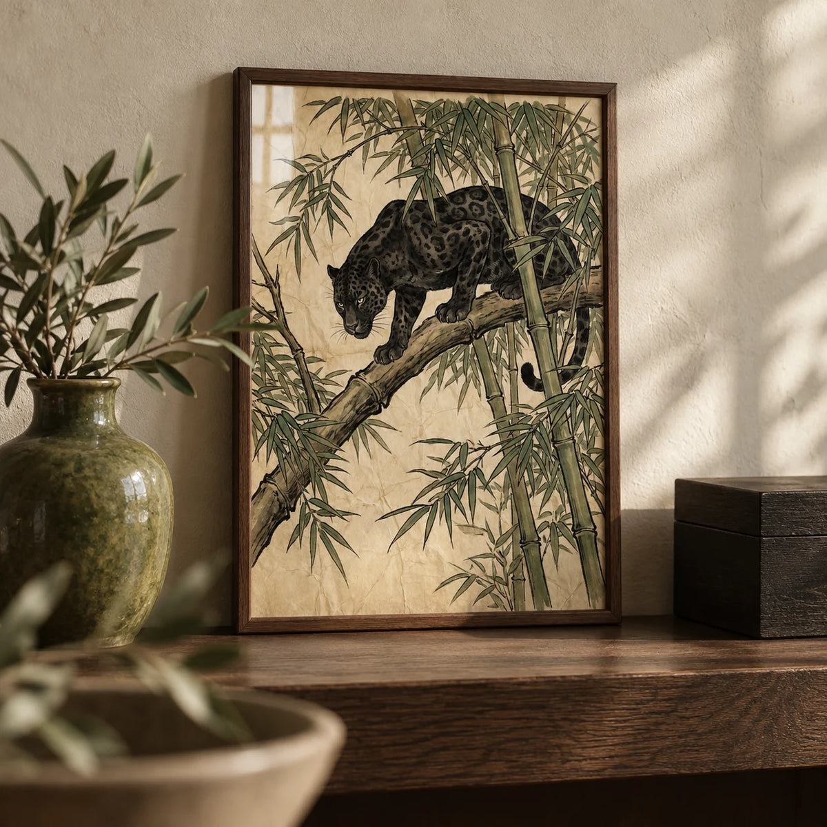 Black Panther Wall Art, a small A4 framed print leaning on a dark oak shelf in a living room