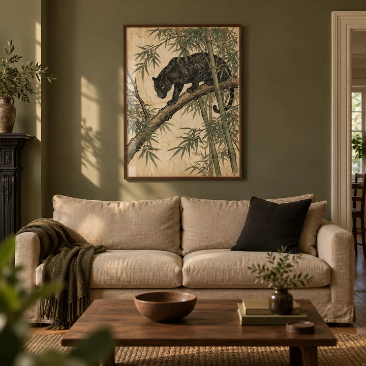 Black Panther Wall Art, framed on the wall of a warm living room in a Victorian terrace with a muted olive wall and oak floorboards