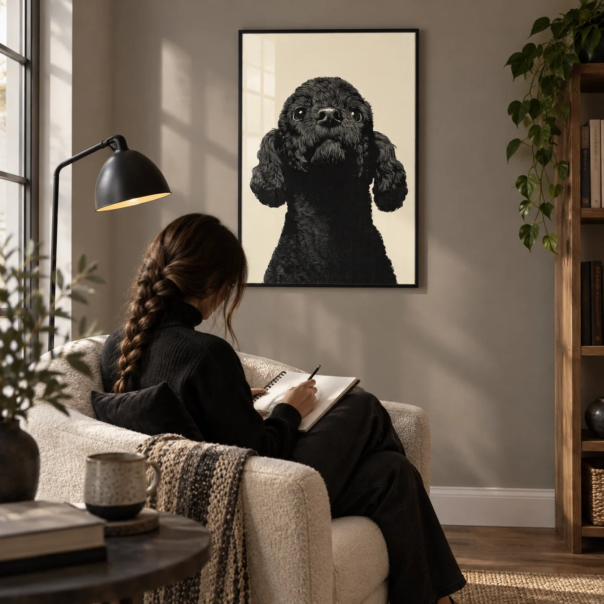 Black Poodle Art, framed on the wall of a calm study corner with a warm grey wall