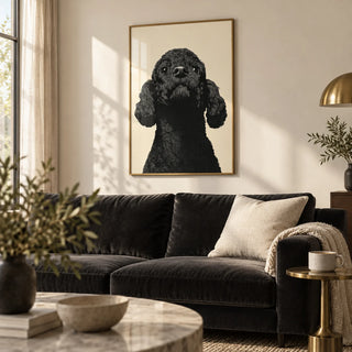 Black Poodle Art, framed on the wall of an elegant living room with a soft cream wall