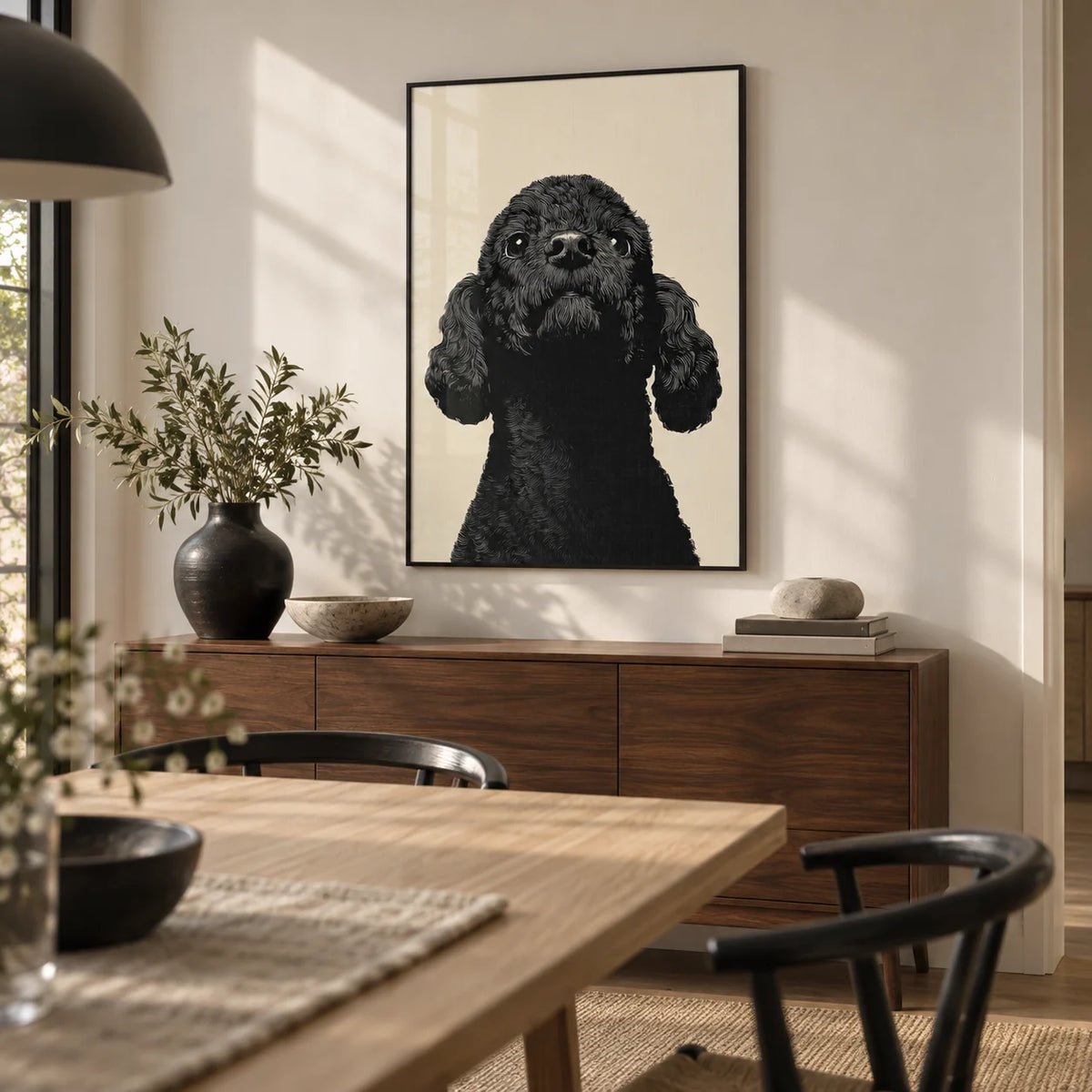Black Poodle Art, framed on the wall of a modern dining room with a cream wall