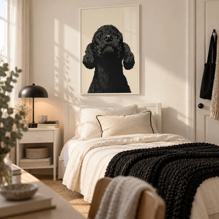 Black Poodle Art, framed on the wall of a stylish single bedroom for a young woman (18-28)