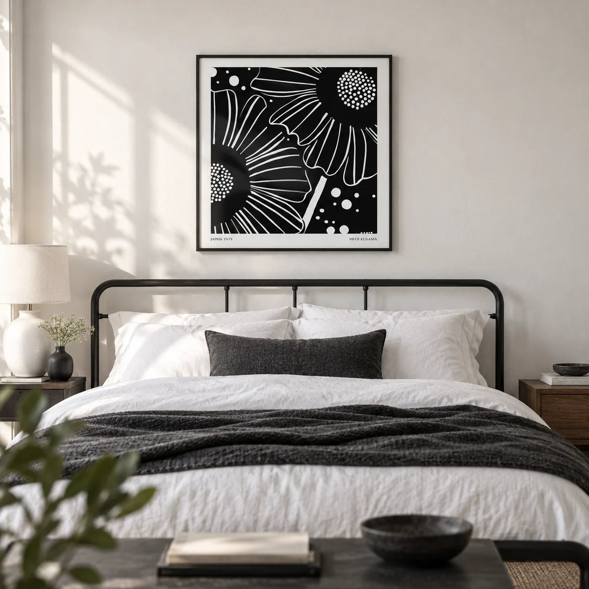 Black White Floral Art, framed on the wall of a monochrome bedroom with a soft white wall