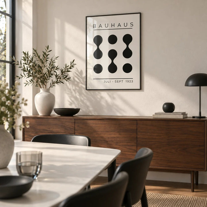 Black White Geometric Art, framed on the wall of a crisp dining room